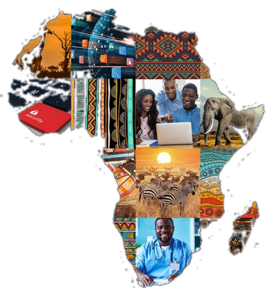 Collage of African business, technology, culture, and wildlife imagery arranged in the shape of the African continent
